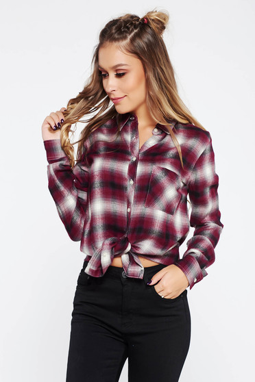 Purple casual long sleeve flared women`s shirt nonelastic cotton with chequers