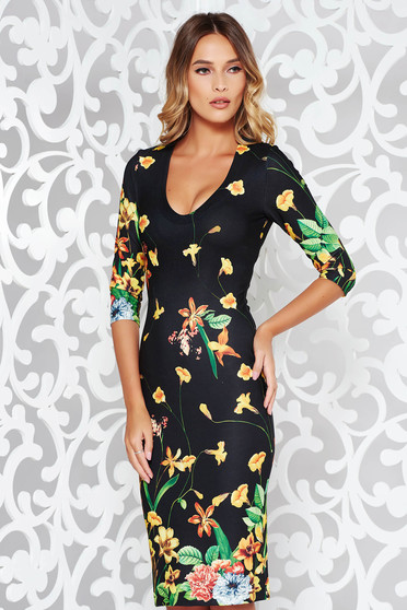 StarShinerS black dress office pencil slightly elastic fabric with rounded cleavage midi