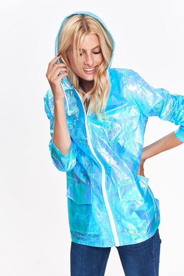 Top Secret blue jacket casual with easy cut from shiny fabric with undetachable hood with pockets