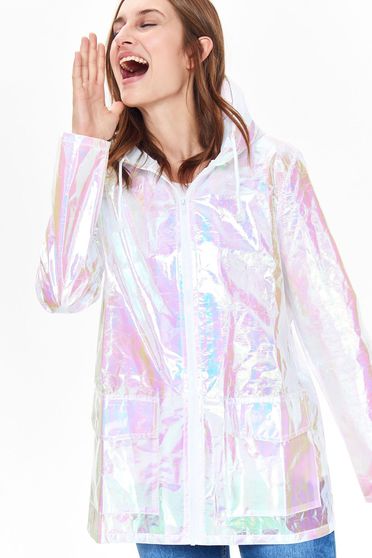 Top Secret white jacket casual from shiny fabric with easy cut with undetachable hood with pockets