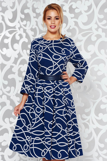 Blue elegant midi cloche dress slightly elastic cotton with graphic details accessorized with tied waistband