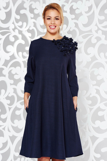 Darkblue dress elegant flared nonelastic cotton with floral details with pearls