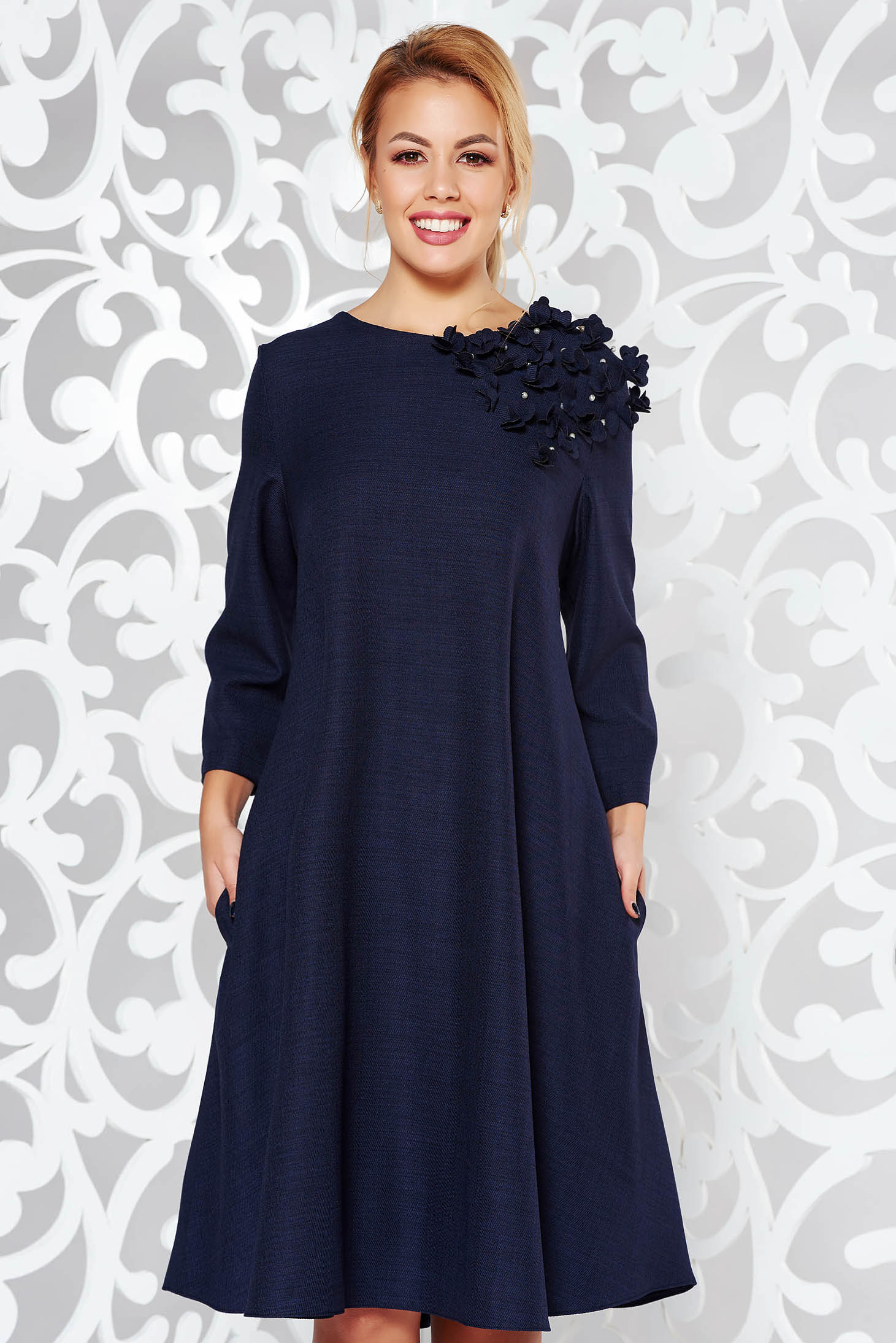 Darkblue elegant flared dress nonelastic cotton with floral details ...