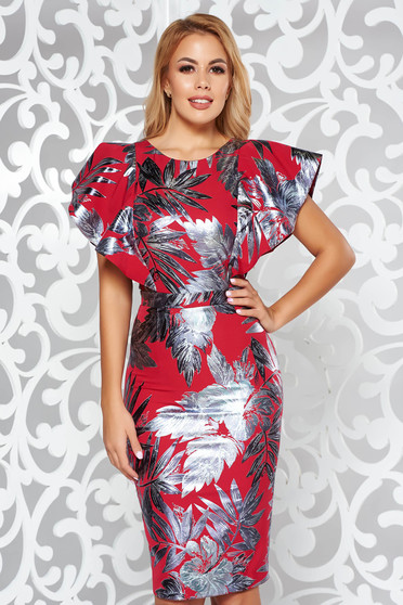 Red occasional midi pencil dress slightly elastic fabric with floral prints