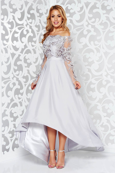 StarShinerS grey dress occasional asymmetrical from satin fabric texture with floral details with 3d effect from laced fabric