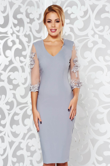 StarShinerS grey elegant pencil dress from elastic and fine fabric with floral details with 3d effect