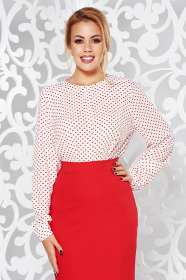 Cream casual flared long sleeve women`s blouse airy fabric with dots print
