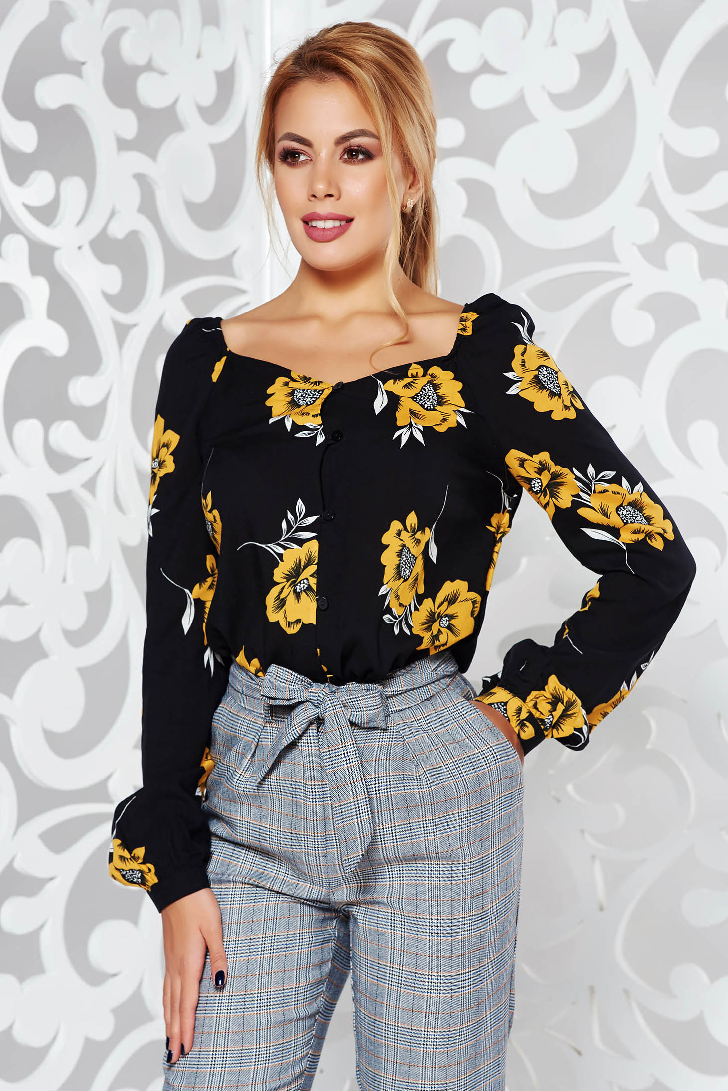 Bluza dama StarShinerS neagra casual cu croi larg cu maneci lungi din material neelastic