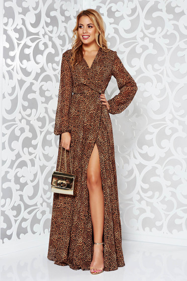 Brown occasional cloche dress voile fabric with animal print with a cleavage