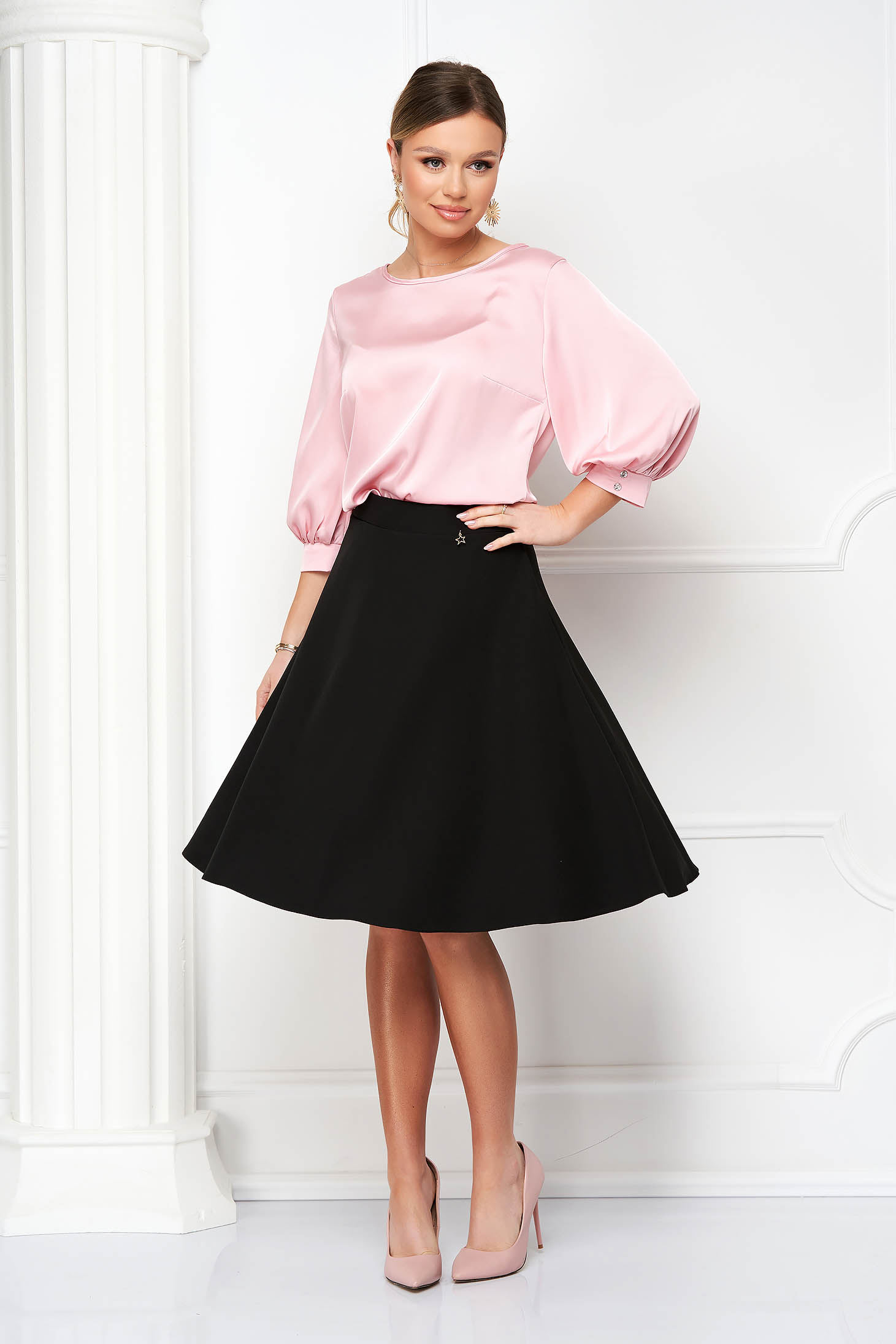 Black skirt cloche midi with pockets slightly elastic fabric - StarShinerS