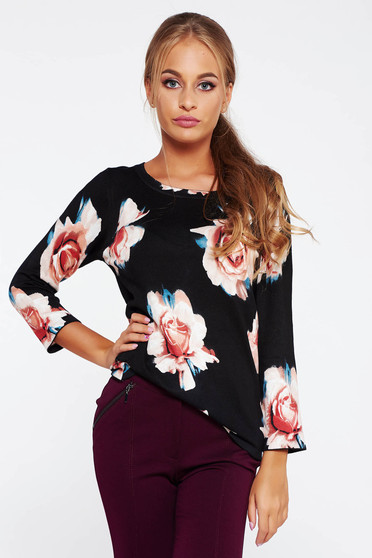 Black casual women`s blouse knitted fabric with floral prints