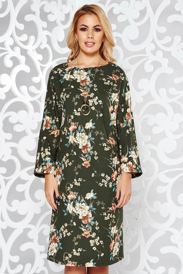 Darkgreen dress elegant flared slightly elastic fabric accessorized with chain