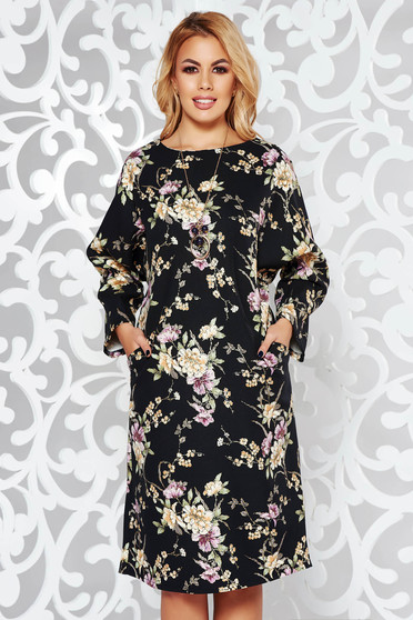 Black dress elegant flared slightly elastic fabric accessorized with chain