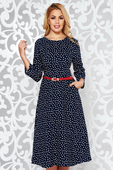 Darkblue dress office cloche slightly elastic fabric accessorized with belt with pockets