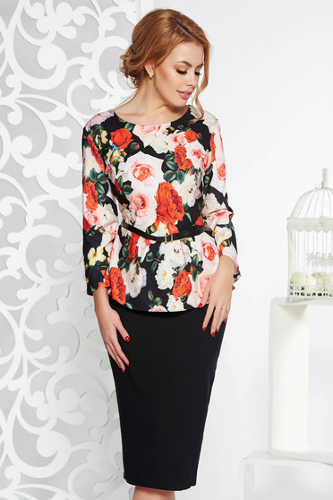Black office lady set elastic cotton with tented cut accessorized with belt