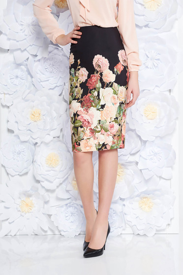 StarShinerS black office midi pencil skirt slightly elastic fabric with floral prints