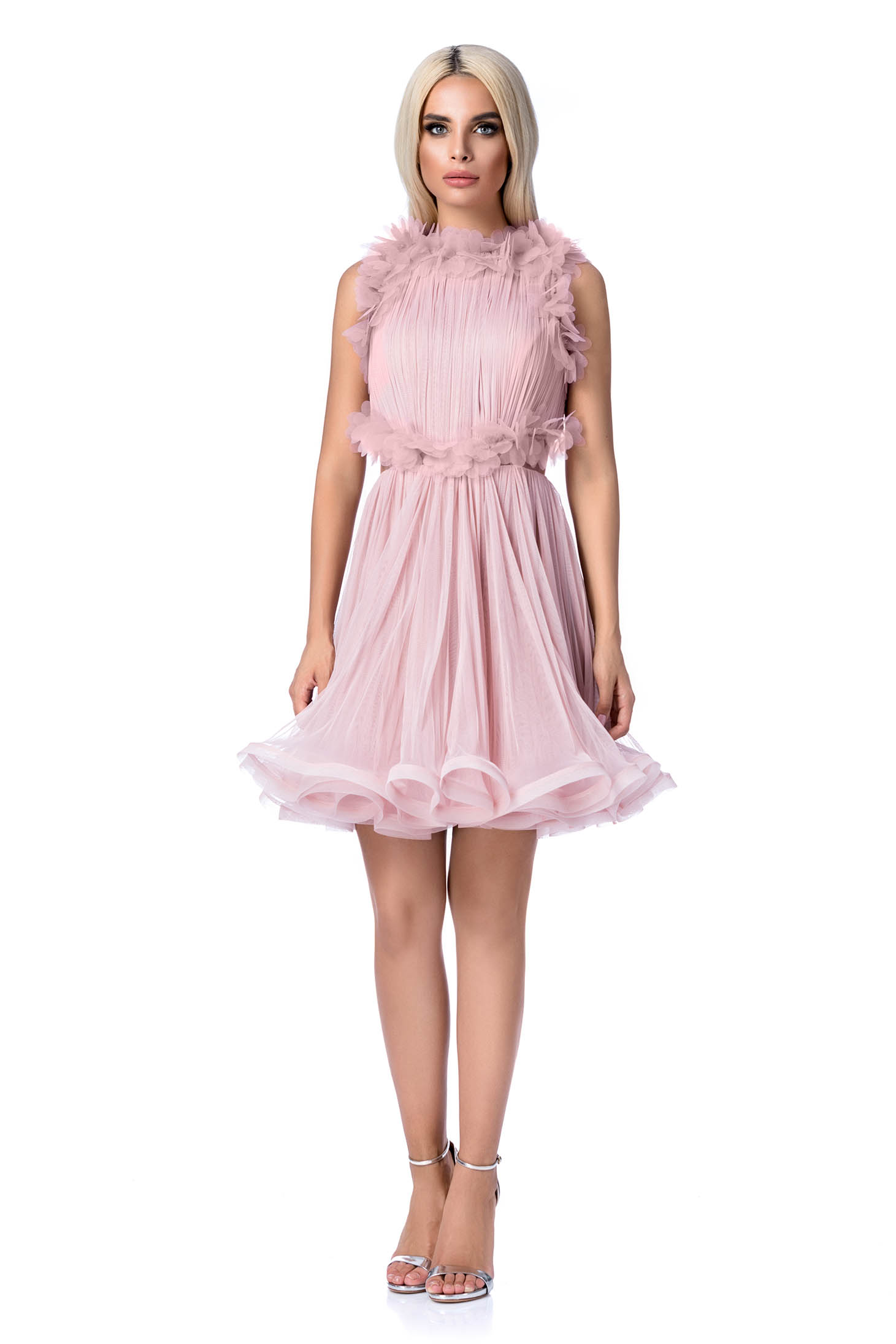 Rochie Ana Radu rosa de lux in clos din tul captusita pe interior cu spatele decupat