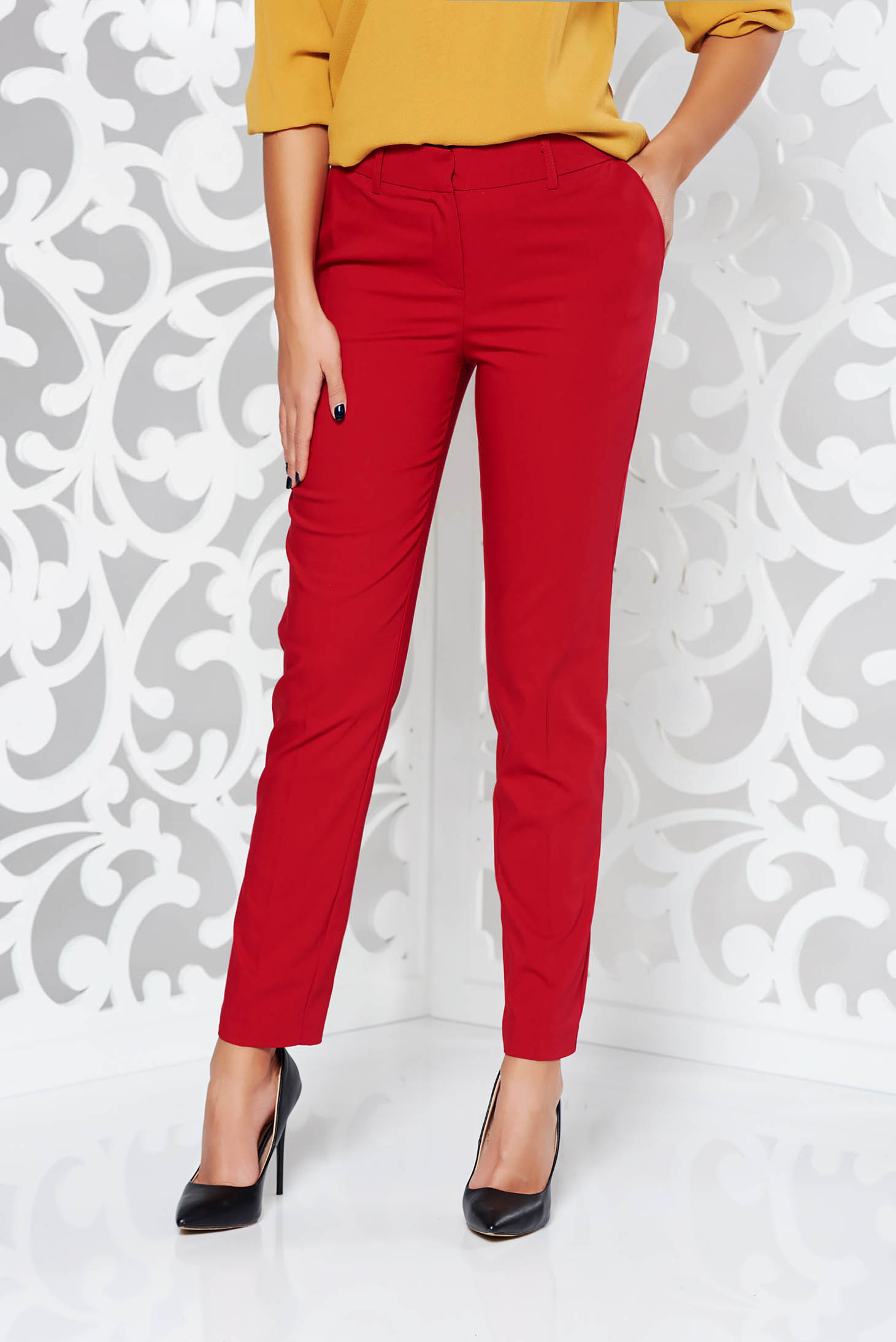 Joint gloss Blink Pantaloni rosii office conici cu talie medie din bumbac cu buzunare