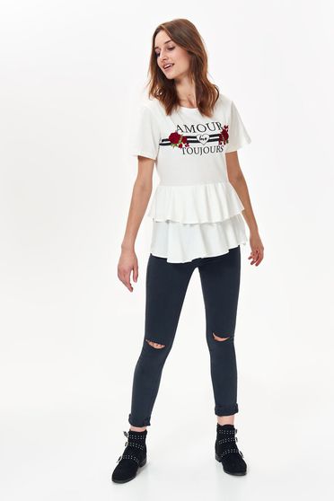 Top Secret white casual flared t-shirt slightly elastic cotton with print details with ruffle details