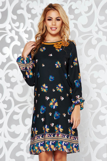 LaDonna black dress daily with easy cut nonelastic fabric with inside lining with floral details