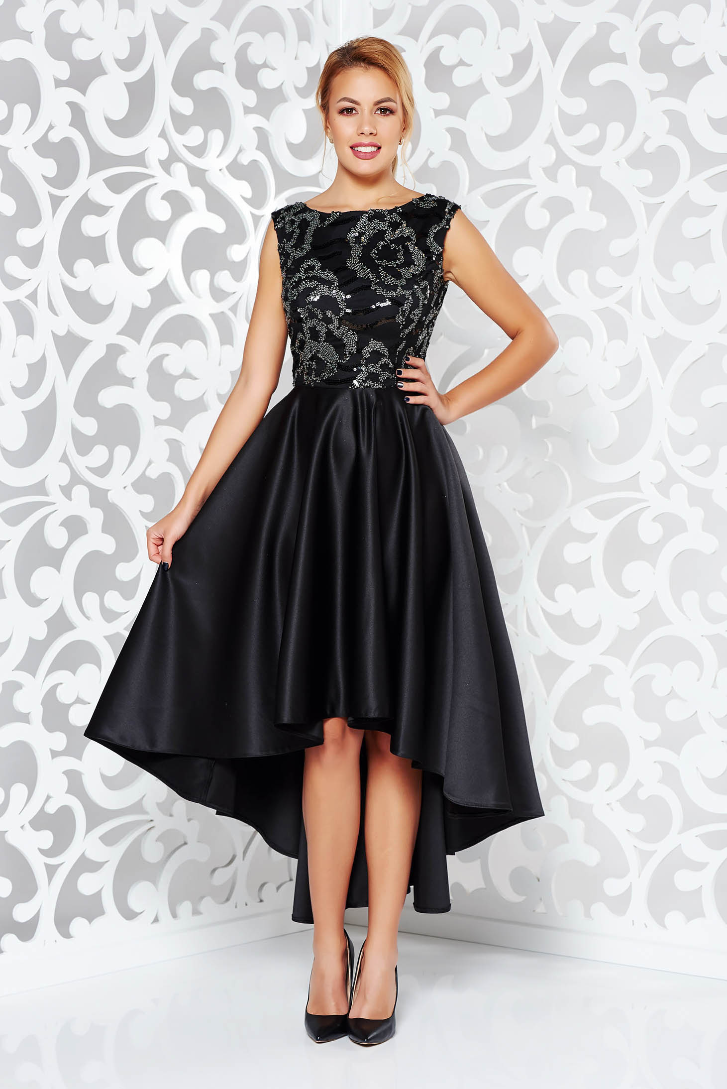 Black Occasional Asymmetrical Dress From Satin Fabric Texture With Sequin Embellished Details 1124