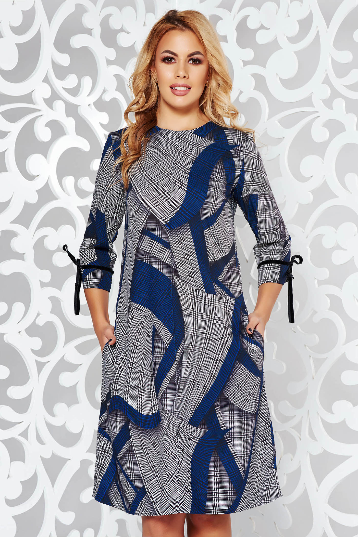 Blue office a-line dress nonelastic fabric plaid fabric with pockets