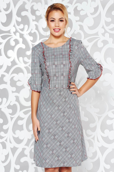 Red dress office a-line slightly elastic fabric with ruffle details plaid fabric