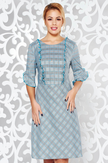 Turquoise dress office a-line slightly elastic fabric with ruffle details plaid fabric
