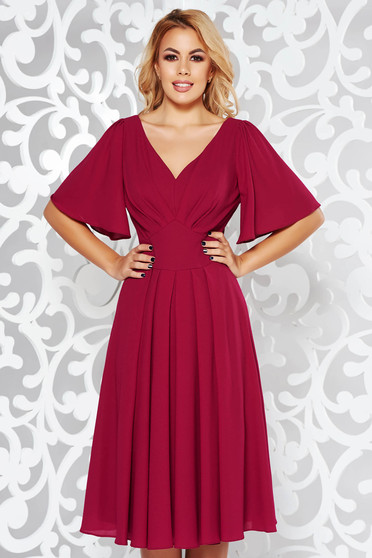 Purple dress occasional midi cloche voile fabric with inside lining with v-neckline