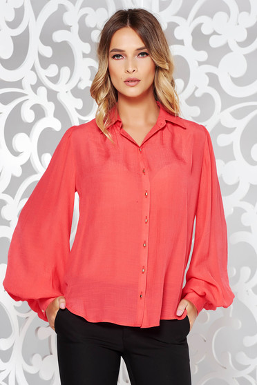 PrettyGirl coral office flared women`s shirt airy fabric long sleeve