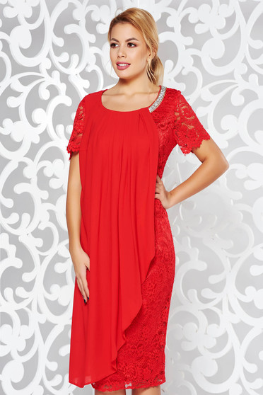 Red dress occasional pencil laced with inside lining voile overlay with bright details