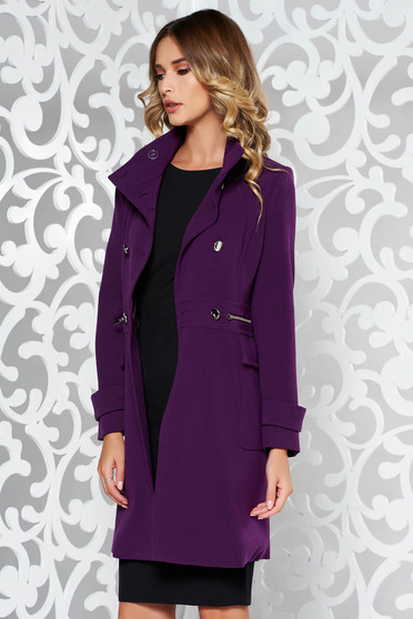 Purple basic coat from thick fabric soft fabric arched cut with pockets