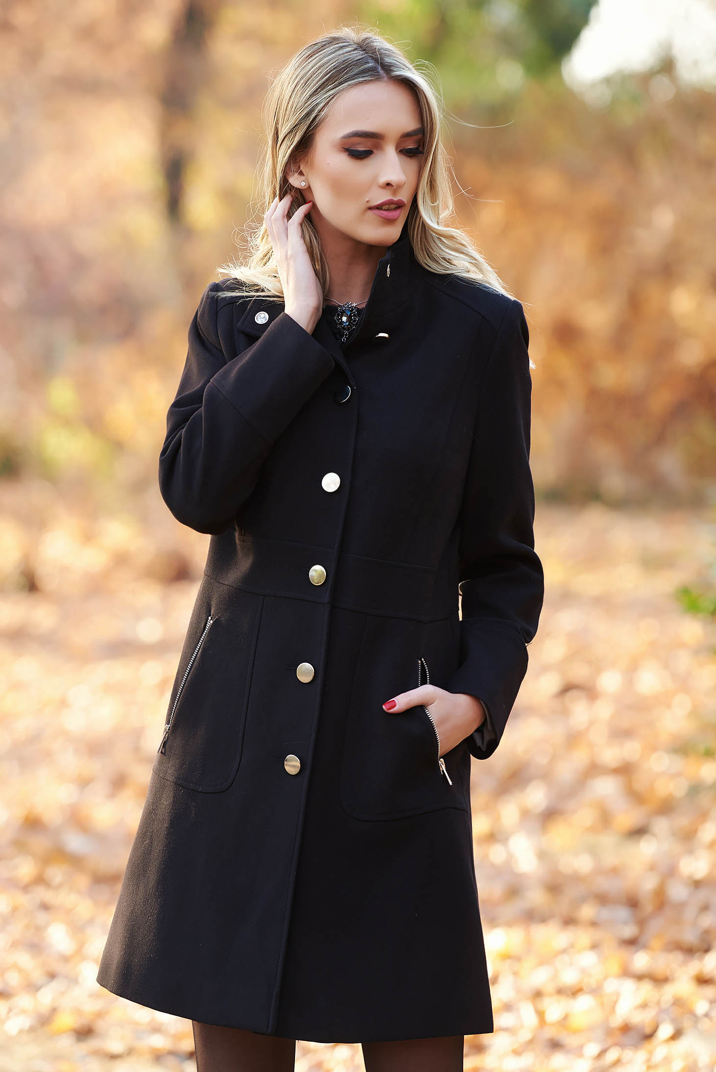 Black Basic Coat Slightly Elastic Fabric With Inside Lining With Pockets