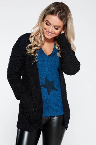Black casual cardigan knitted fabric with easy cut with pockets