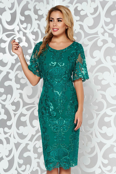 Darkgreen dress occasional pencil from laced fabric with inside lining with sequin embellished details midi
