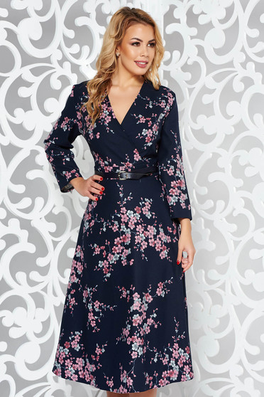 Darkblue elegant cloche dress slightly elastic fabric accessorized with belt