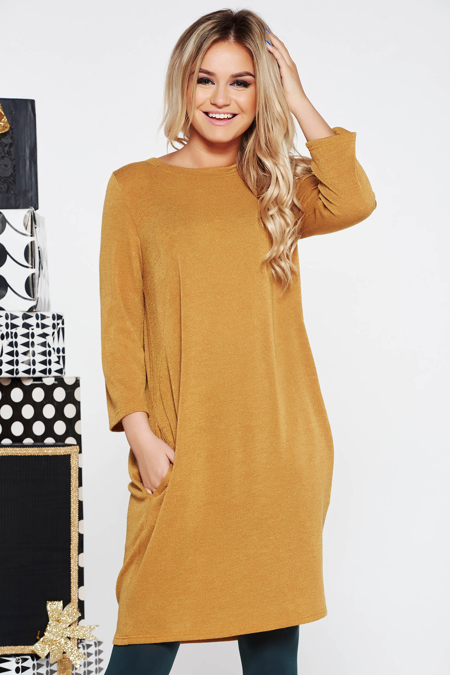 Mustard casual flared dress knitted fabric from soft fabric with pockets