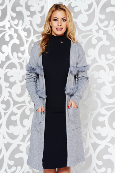StarShinerS grey elegant knitted cardigan slightly elastic cotton with faux fur details