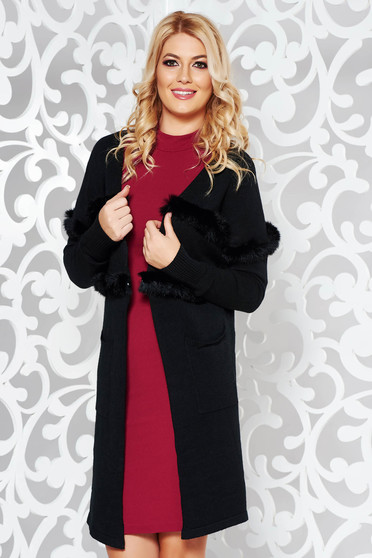 StarShinerS black elegant knitted cardigan slightly elastic cotton with faux fur details