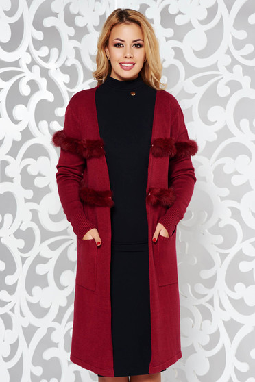 StarShinerS burgundy elegant knitted cardigan slightly elastic cotton with faux fur details