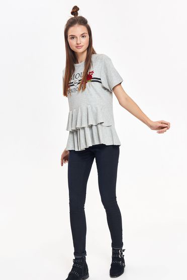 Top Secret grey casual flared women`s blouse cotton with print details with ruffle details