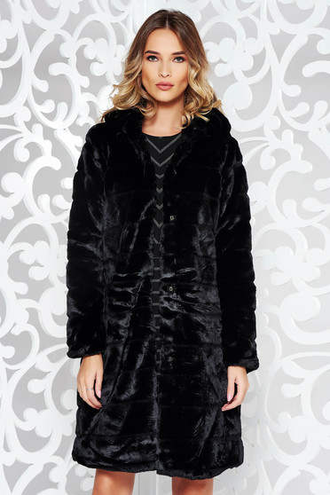 Black casual coat from ecological fur with inside lining