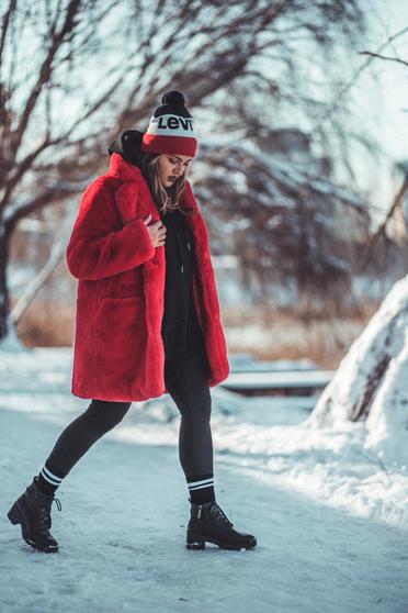 Fur red from ecological fur with inside lining elegant with pockets