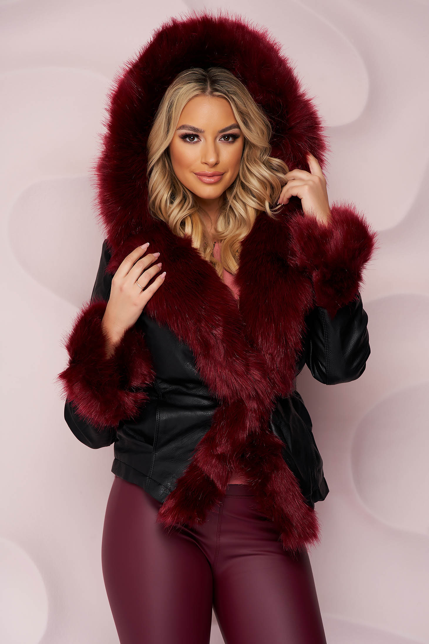 Short cut arched cut jacket from ecological leather burgundy with faux fur lining
