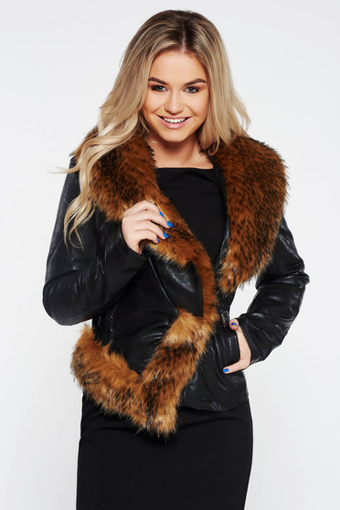 Black short cut jacket from ecological leather with inside lining arched cut fur collar