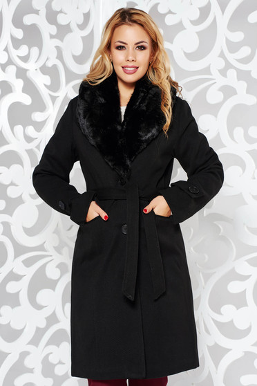 Black elegant arched cut coat cloth fur collar