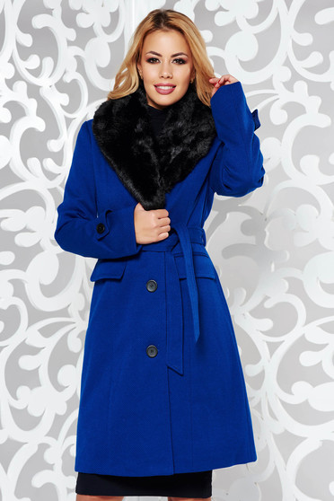 Blue elegant arched cut coat cloth fur collar