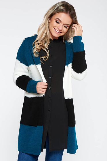 Cardigan turquoise SunShine casual with easy cut knitted fabric with pockets with undetachable hood
