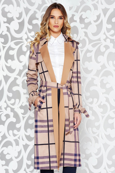 Brown casual long trenchcoat soft fabric plaid fabric accessorized with tied waistband