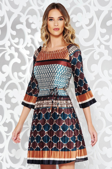 Brown elegant daily dress from satin fabric texture folded up accessorized with tied waistband